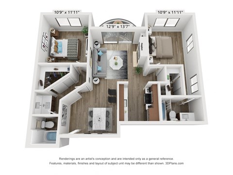Floor plan for 2 beds, 2 baths, 927 sqft